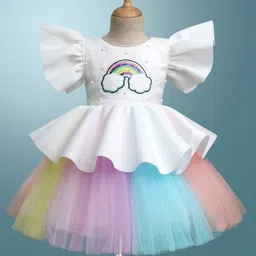 Enfance Half Flutter Sleeves Rainbow Shaped Sequins Embellished Knee Length Layered Dress - White-picture-47