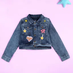 Kiddopanti Crop Denim Woven Full Sleeves Heart & Star Patch Detailed Crop Jacket - Blue-picture-37