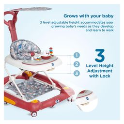 Mee Mee 360° Baby Activity Walker For 7 Level Adjustable Height, Musical Detachable Toy Bar & Light | Parental Push Handle, Anti-Rollover Folding Walker for Kids-Red image 3