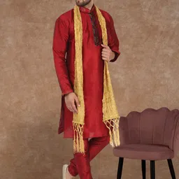 SKAVIJ Men Ethnic Motifs Embroidered Regular Thread Work Kurta with Churidar & With Dupatta image 3