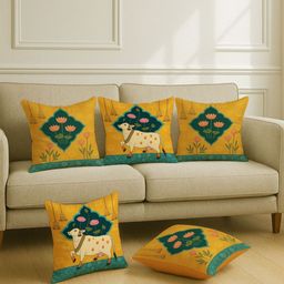 STITCHNEST Mustard & Green 5 Pieces Ethnic Motifs Satin Square Cushion Covers-9