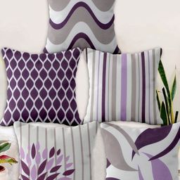 Blue Grass Grey & White 5 Pieces Floral Printed Velvet Square Cushion Covers-image-87