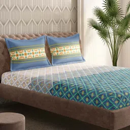 Portico Turquoise Blue & White Geometric 210 TC Bedsheet with 2 Pillow Covers-image-24