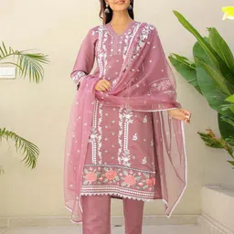Anouk Pink Floral Embroidered Regular Pure Silk Kurta With Trouser With Dupatta-18