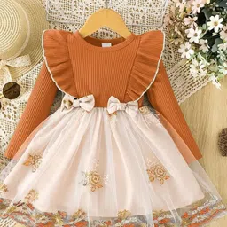 TIOR Kids-Girls Orange Embroidered Polyester Fit and Flare Dresses-picture-0