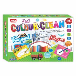 Ankit Toys 2 in1 Activity Colour and Clean Pack Transports & Shapes Reusable Jumbo Flash Cards Coloring Kit Set of 24 - Multicolour-23