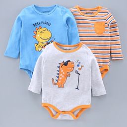Babyoye Cotton Full Sleeves Onesies Dino Print Pack of 3 - Grey Blue Orange-image-14