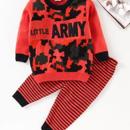 Babyhug Full Sleeves Baby Sweater Set with Army Design - Orange-image-15