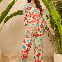 IMANA Ikkat Printed Pure Cotton Mandarin Collared Top With Trousers Co-Ords-14