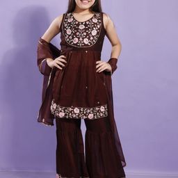 CurlyTales Girls Floral Embroidered Sequinned Anarkali Kurta With Sharara & Dupatta-image-24