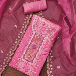 SHADOW & SAINING Bandhani Printed Beads And Stones Organza Semi-Stitched Dress Material-image-60