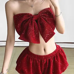 StyleCast Maroon Self Design Off-Shoulder Bow Crop Top With Skirt-image-50