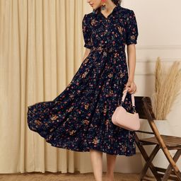 Anouk Floral Printed Shirt Collar Fit And Flare Ethnic Dress-image-51