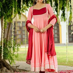 GoSriKi Pleated Gotta Patti Sweetheart Neck Anarkali Kurta With Trousers & Dupatta-image-3