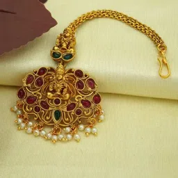 Diksha collection Brass-Plated Stone-Studded & Beaded Matte-Finish Maang Tikka-image-19