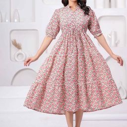 JAIMINI Floral Printed Mandarin Collar Cotton Fit And Flare Ethnic Dress-image-9