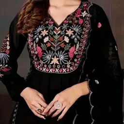 BLENDIFY Floral Embroidered Thread Work Georgette A-Line Kurta With Palazzos And Dupatta image 2