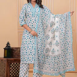 VASVI Floral Printed Pure Cotton V-Neck Straight Kurta With Trousers & Dupatta-24