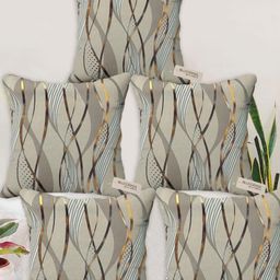 Blue Grass Grey & Gold-Toned 5 Pieces Abstract Printed Velvet Square Cushion Covers-image-15