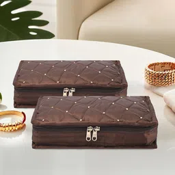Kuber Industries Brown & Gold Toned Set of 2 Satin Jewellery Organiser Kit With 6 Pouches-62