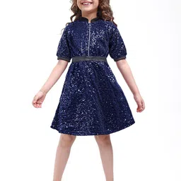 Hola Bonita Girl's Embellished Self Design Puff Sleeves Sequined Fit and Flare Dress-15