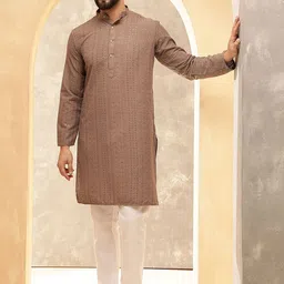 Anouk Brown Geometric Sequence Band Collar Straight Kurta-image-2