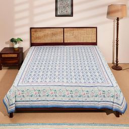 Fabindia Blue & White Printed Cotton Double King Bed Cover-image-93