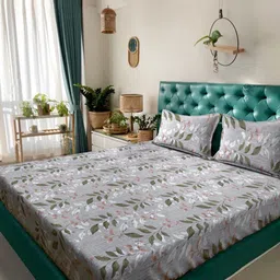 KLOTTHE Grey & Green Floral 400 TC King Bedsheet with 2 Pillow Covers-12