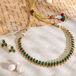 Rubans 18K Gold-Plated Emerald Studded Traditional Necklace Set-14
