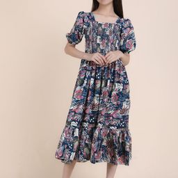 PTVIZE Girls Cotton Abstract Print Puff Sleeve Smocked Fit & Flare Midi Dress-image-59