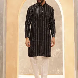 Anouk Men Band Collar Geometric Embroidered Sequinned Pure Cotton Straight Kurta-28