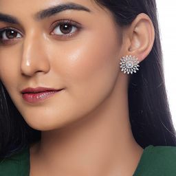 PRIVIU Silver-Plated American Diamond Studded Floral Shaped Studs-image-40