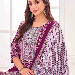 MOJILAA Women Ethnic Motifs Printed Regular Sequinned Kurta with Trousers & With Dupatta image 3