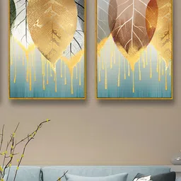 Art Street Gold-Toned & Blue 2 Pieces Leaves Printed Canvas Wall Paintings-image-35