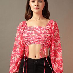 Trend Arrest Floral Print Puff Sleeve Georgette Crop Top-93