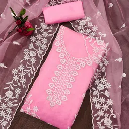 Leeza Store Floral Embroidered Thread Work Organza Unstitched Dress Material-image-74