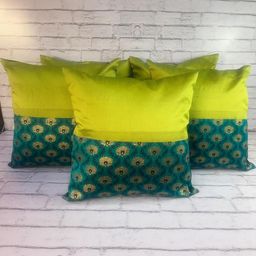 Pink Parrot Pack Of 5 Green & Golden Ethnic Motifs Printed Square Cushion Covers-image-38