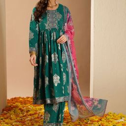 ZIYAA Green Floral Printed Round Neck Regular Anarkali Kurta With Palazzo With Dupatta-image-60
