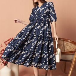 Krunal Raiyani Floral Print Puff Sleeve Fit & Flare Midi Dress-image-10