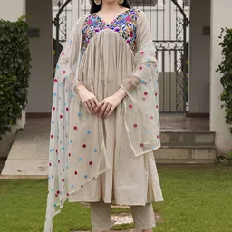 Tikhi Imli Floral Yoke Design Empire Pure Cotton Kurta With Trousers & Dupatta-image-89