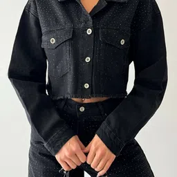 Fashion Gaiia Women Spread Collar Abstract Printed Casual Denim Jacket-34