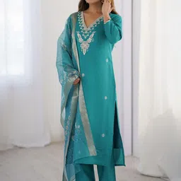 KALINI Women's Floral Embroidered Regular Thread Work Kurta with Trousers & With Dupatta-picture-56