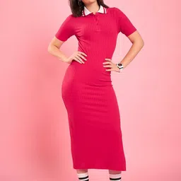 WineRed Women Shirt Collar Slits Bodycon Midi Dress-picture-19