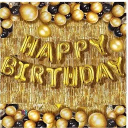 Solid Happy Birthday Golden Foil Letter Balloons(13 foil latter 1 pack)With 30 Pic Black Gold Balloons And 2 Pcs Golden Metallic Fringe Shiny Curtains(Pack Of 45) Balloon-image-24