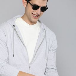 HERE&NOW Men Grey Melange Hooded Sweatshirt-image-89