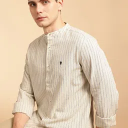 French Connection Men Premium Slim Fit Striped Mandarin Collar Cotton Linen Casual Shirt-image-99