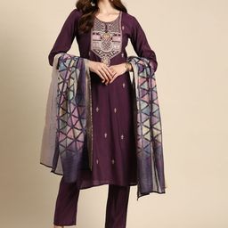 Anouk Ethnic Motifs Embroidered Mirror Work Pure Silk Kurta With Trousers & Dupatta-53