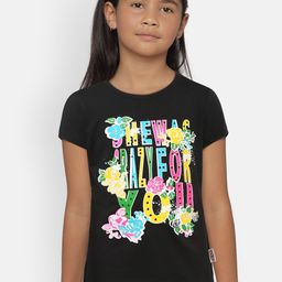SINI MINI Girls Black Printed Round Neck Pure Cotton T-shirt-image-12