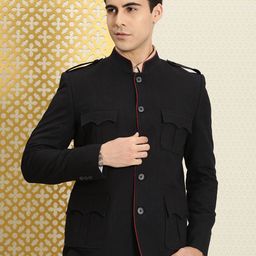 House of Pataudi Men Black Solid Bandhgala Jashn Blazer-picture-9