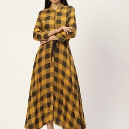 MISRI Yellow & Black Checked Shirt Midi Dress-image-16